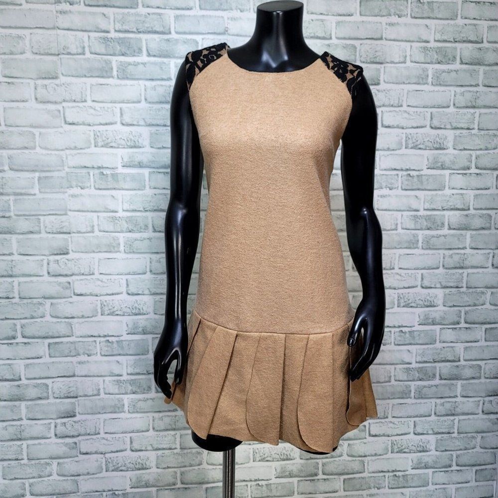 In August 19th Womens S Tan Wool Blend‎ Drop Waist Pleated  Skirt Mod Dress